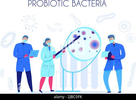Three scientists investigating probiotic bacteria in science laboratory flat vector illustration Stock Vector