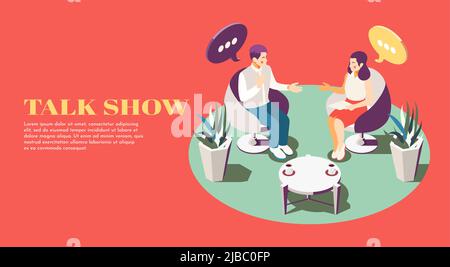 Two people at talk show composition on red background 3d isometric vector illustration Stock Vector