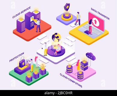 Data center concept isometric composition with protection safety symbols cloud worldwide transfer computing service background vector illustration Stock Vector