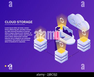 Datacenter online cloud service isometric composition with analytic accessing data storage against vibrant purple background vector illustration Stock Vector