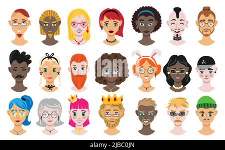 Male and female cartoon portrait set of different ethnicity age skin and hair color isolated vector illustration Stock Vector