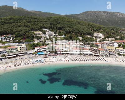 Parga, greek caribbean in preveza, famous tropical destination vacation summer tourist attraction with the deep blue ocean of ionian sea, greece Stock Photo