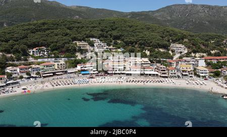 Parga, greek caribbean in preveza, famous tropical destination vacation summer tourist attraction with the deep blue ocean of ionian sea, greece Stock Photo