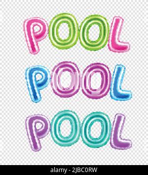 Colorful set of pool inscription with balloon letters on transparent background realistic vector illustration Stock Vector