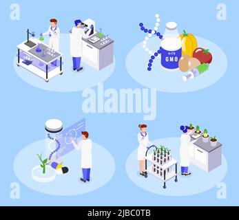 Bio engineering concept 4 isometric icons with genetically modified food gmo biotechnology laboratory dna manipulation vector illustration Stock Vector