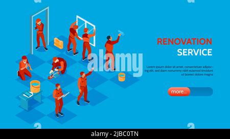 Home repair service isometric horizontal banner with workers installing windows and doors painting laying floor 3d vector illustration Stock Vector