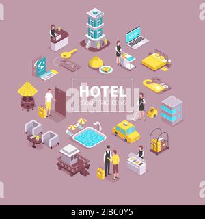 Hotel building facilities isometric elements circular composition with cleaning service swimming pool porter taxi reception vector illustration Stock Vector