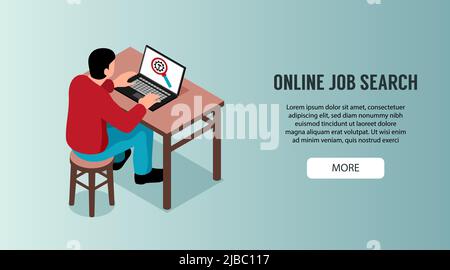 Online job search horizontal banner with male character sitting at desk and looking in laptop screen with search icon isometric vector illustration Stock Vector