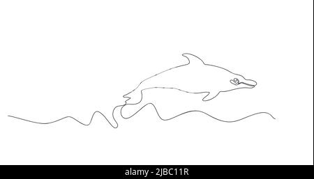Dolphin is swimming in sea. One black line drawing dolphin on white. Modern cute mammal animal design in minimalist style for company logo identity, c Stock Vector