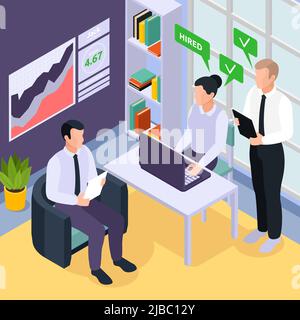 Social credit score system isometric composition with indoor view of office and authorities firing their employee vector illustration Stock Vector