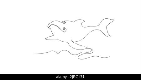 Big whale is swimming in sea. One black line drawing whale on white. Modern cute mammal animal design in minimalist style for company logo identity, c Stock Vector