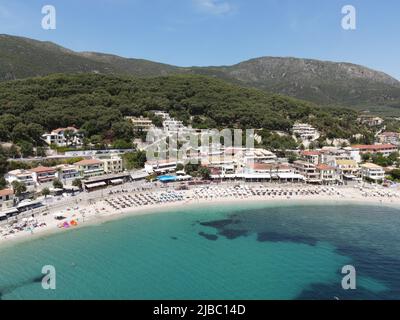 Parga, greek caribbean in preveza, famous tropical destination vacation summer tourist attraction with the deep blue ocean of ionian sea, greece Stock Photo