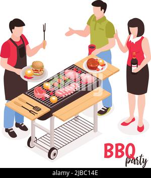 Isometric bbq barbecue composition with faceless human characters and outdoor grill on cart with meat burgers vector illustration Stock Vector