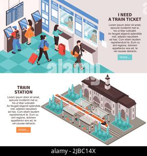 Set of two isometric railway station horizontal banners with text buttons and train terminal building images vector illustration Stock Vector