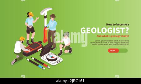 Isometric geology horizontal banner with editable text slider button and human characters of geologists with instruments vector illustration Stock Vector