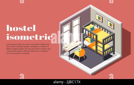 Hostel room of economy class isometric poster with bunk bed table and chair vector illustration Stock Vector