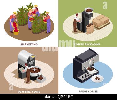 Coffee industry production concept 4 isometric icons square with harvesting roasting packaging fresh brewed drink vector illustration Stock Vector