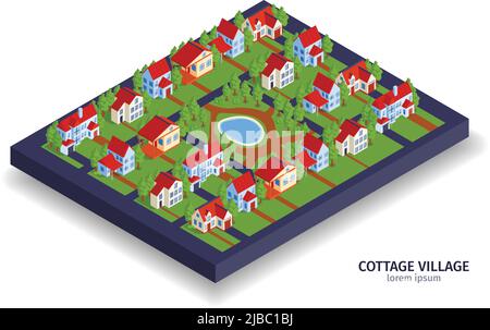 Isometric private town houses composition with view of modern district ...