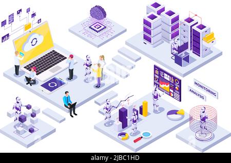 Robotic automation isometric composition with people working with robots on white background 3d vector illustration Stock Vector