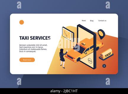 Isometric taxi concept banner web site landing page design with conceptual images clickable links and text vector illustration Stock Vector