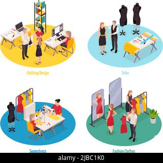 Clothes factory and fashion store 2x2 design concept with designer tailor seamstress shop assistant at work 3d isolated vector illustration Stock Vector