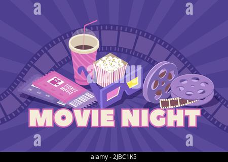 Movie night isometric composition with 3d polarized glasses popcorn cinema tickets film bobbins background banner vector illustration Stock Vector