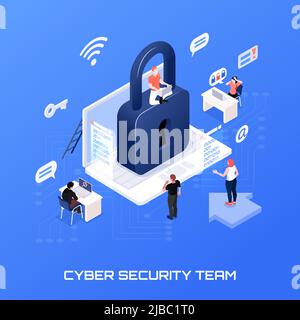 Cyber security team isometric concept on blue background 3d vector illustration Stock Vector
