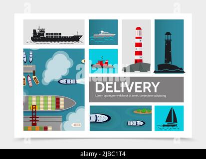 Flat shipping composition with lighthouses cargo and container ships ...