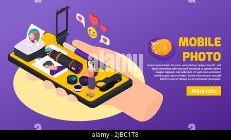 Isometric banner with smartphone and tools for making and printing photo and selfie 3d vector illustration Stock Vector