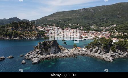 Parga, greek caribbean in preveza, famous tropical destination vacation summer tourist attraction with the deep blue ocean of ionian sea, greece Stock Photo