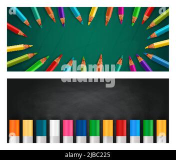 Back to school realistic horizontal banners set with colorful crayons and pencils on chalk board background isolated vector illustration Stock Vector