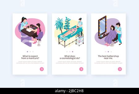 Isometric beauty cosmetology hairdress manicure salon vertical banners set with page switch buttons text and images vector illustration Stock Vector