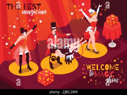 Isometric magician showing background composition with ornate text and view of stage with performers and stars vector illustration Stock Vector