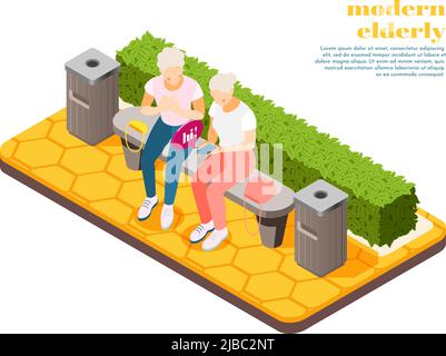 Modern elderly people isometric composition with two women sitting on bench learning to send sms vector illustration Stock Vector