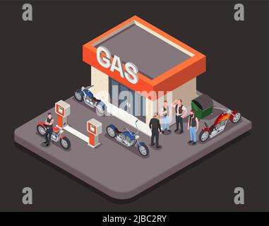 Isometric composition with colorful motorbikes and group of male bikers standing near gas station on black background 3d vector illustration Stock Vector