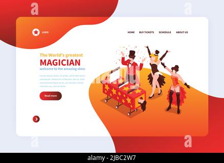 Isometric magician showing concept banner with clickable buttons links and group of magicians during their performance vector illustration Stock Vector