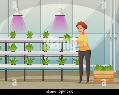 Greenhouse farming background with led light nutrients cartoon vector illustration Stock Vector