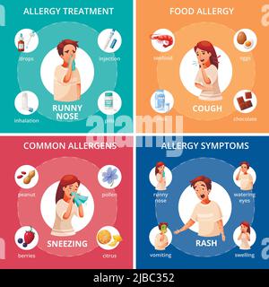 Allergy concept icons set with food allergy symbols cartoon isolated vector illustration Stock Vector