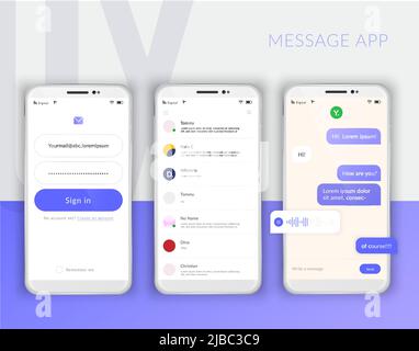 Realistic mobile phone user interface messenger chat app template composition with mockup images of three screens vector illustration Stock Vector