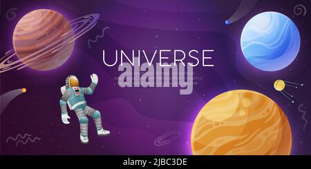 Universe colorful background horizontal banner poster with astronaut in open space celestial bodies artificial earth satellite vector illustration Stock Vector