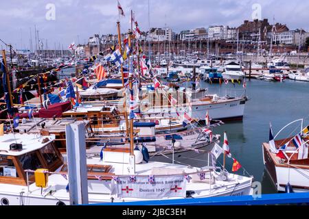 Vessels of the association of Dunkirk Little Ships on display in Ramsgate harbour at the Platinum Jubilee festival. Stock Photo