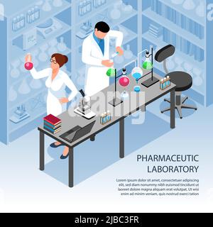 Two scientists doing research in pharmaceutic laboratory 3d isometric vector illustration Stock Vector