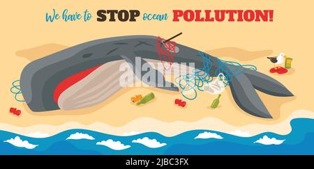 Ocean pollution isometric poster with big dying whale entangled in ropes lying on sea beach vector illustration Stock Vector