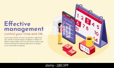 Deadline isometric background composition with calendar clock and to do list images female character and text vector illustration Stock Vector