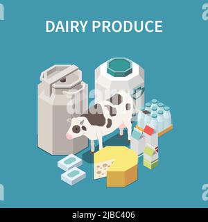 Dairy produce concept with cheese and milk symbols isometric vector illustration Stock Vector