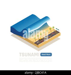 Natural disaster isometric composition with piece of earth and tsunami on the beach vector illustration Stock Vector