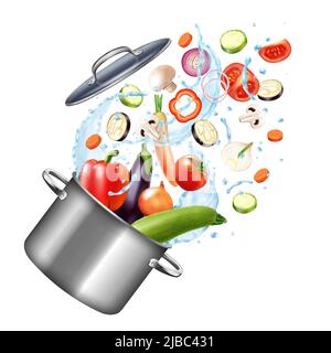 Realistic water splash pot composition with blank background and image of cooker with vegetables and drops vector illustration Stock Vector
