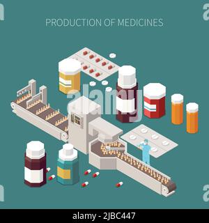 Pharmaceutical production concept with medicine and treatment symbols isometric vector illustration Stock Vector
