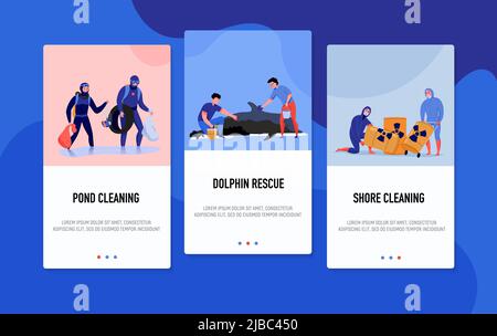 Pollution vertical banners set with people saving dolphin cleaning pond and shore flat isolated vector illustration Stock Vector