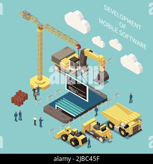Programming development concept with cloud technology symbols isometric vector illustration Stock Vector